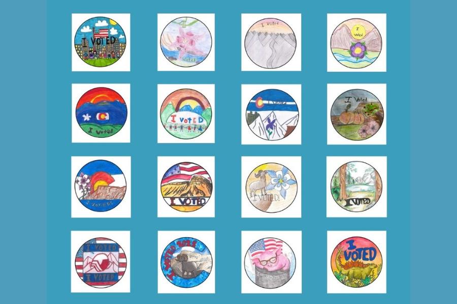 Blue background with 16 circular "I Voted" sticker contest designs displayed.